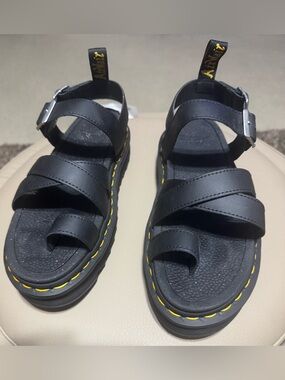 Dr. Martens Women Black Leather Sandals with Yellow Stitching